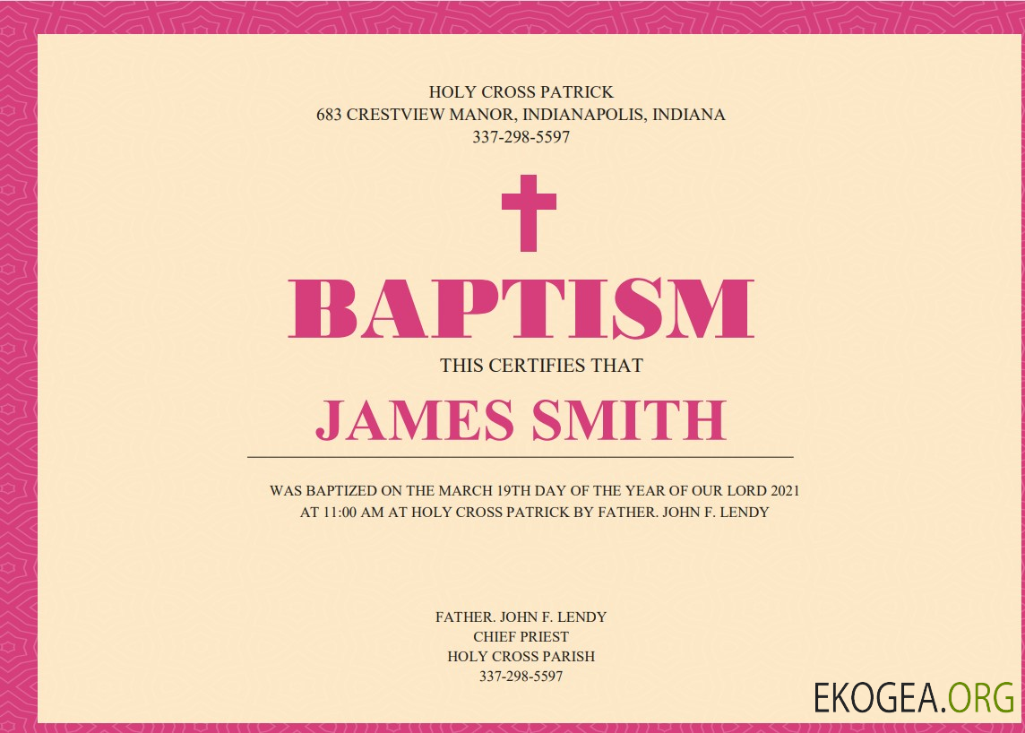 Certificat de baptême aux États Unis